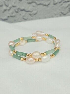 Freshwater Pearl & Green Aventurine Beaded Double Strand Bracelet Memory Wire